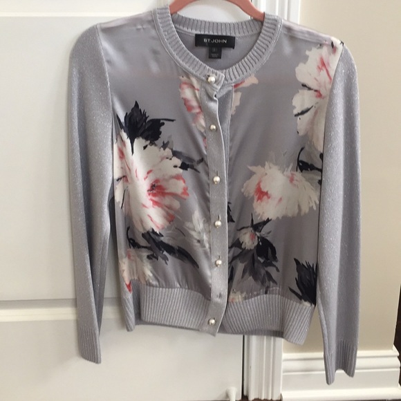 St. John Silk Floral Shimmer Cardigan Sweater, Size Small - Picture 2 of 4